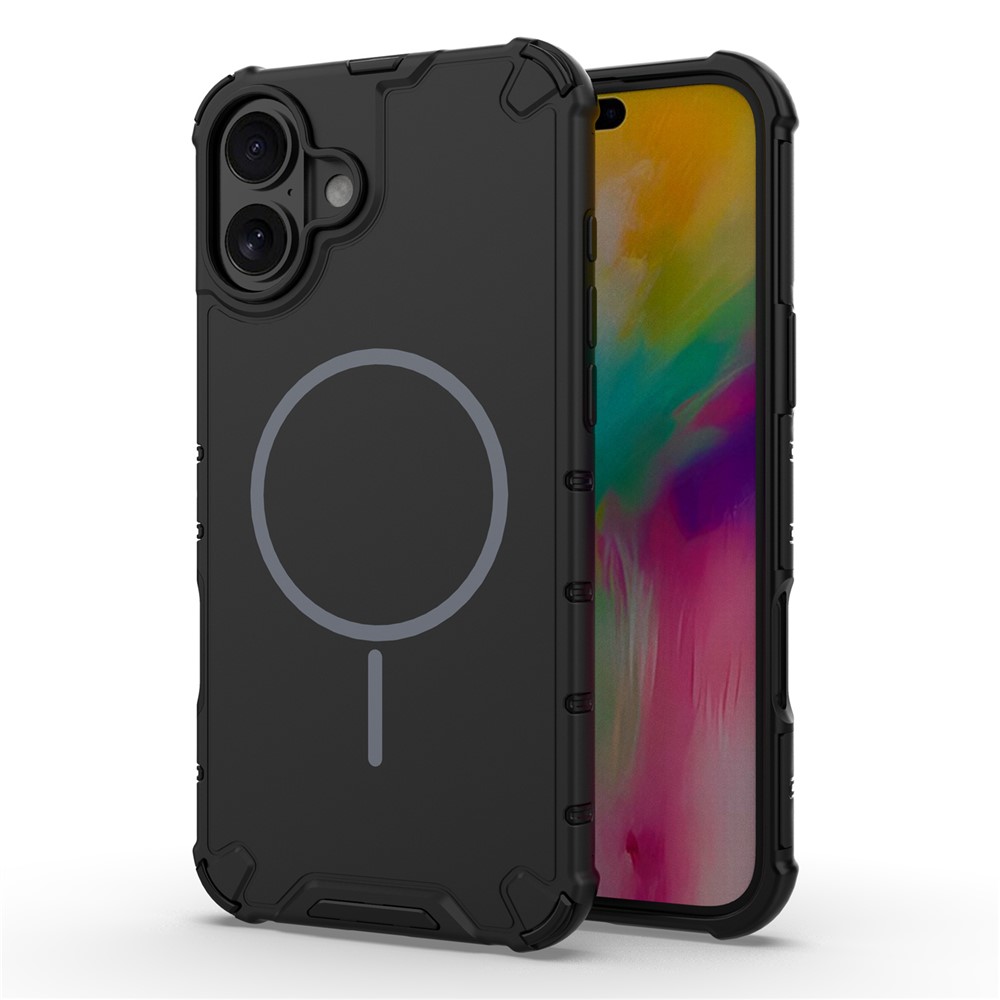 For iPhone 16 Plus Magnetic Case Corrugated Texture Heat Dissipation Shockproof TPU + PC Phone Back Cover - Black