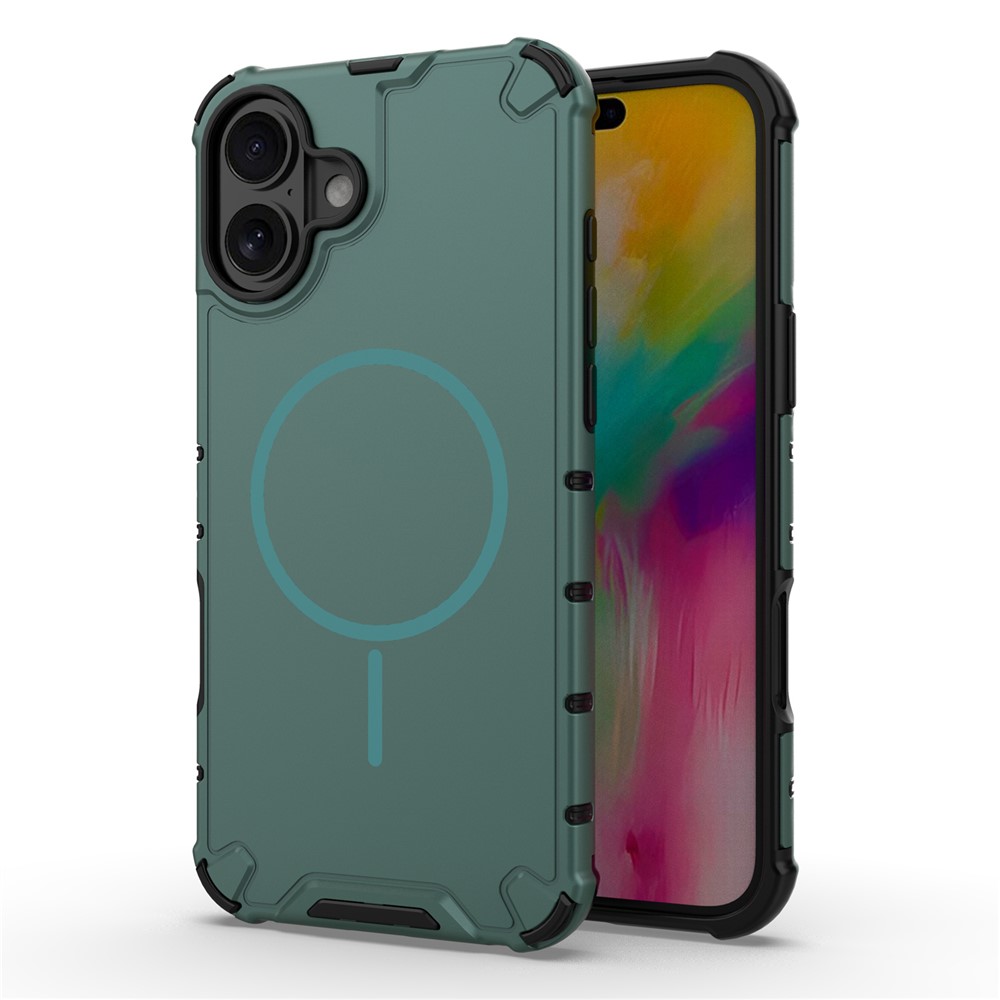 For iPhone 16 Plus Magnetic Case Corrugated Texture Heat Dissipation Shockproof TPU + PC Phone Back Cover - Dark Green