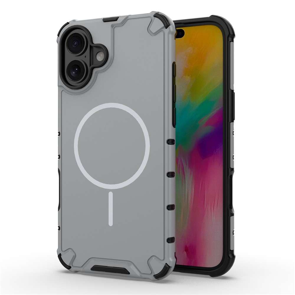 For iPhone 16 Plus Magnetic Case Corrugated Texture Heat Dissipation Shockproof TPU + PC Phone Back Cover - Grey White