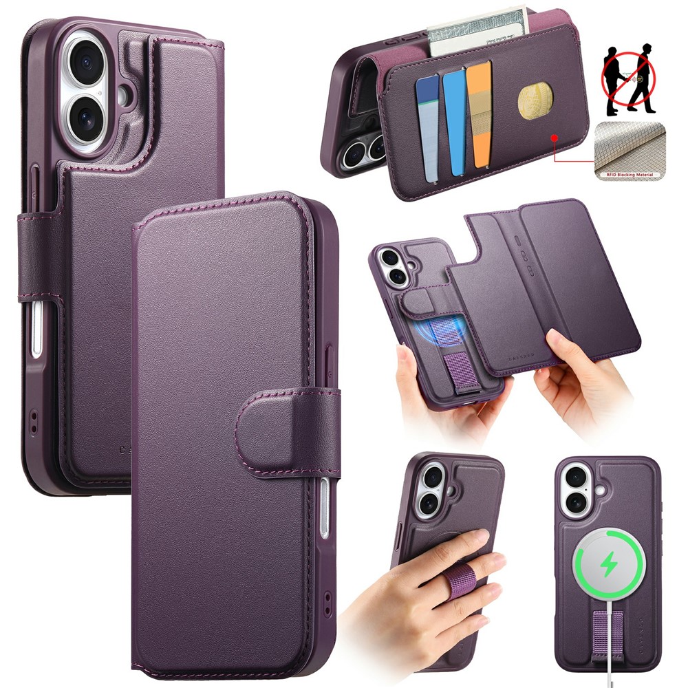 CASENEO For iPhone 16 Plus Magnetic Case RFID Blocking Wallet Detachable Leather Phone Cover with Wristband - Purple