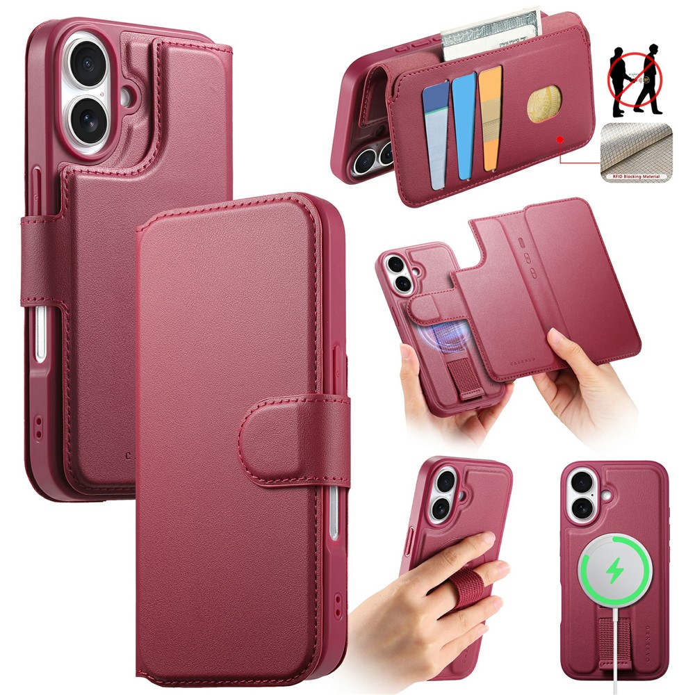 CASENEO For iPhone 16 Plus Magnetic Case RFID Blocking Wallet Detachable Leather Phone Cover with Wristband - Red