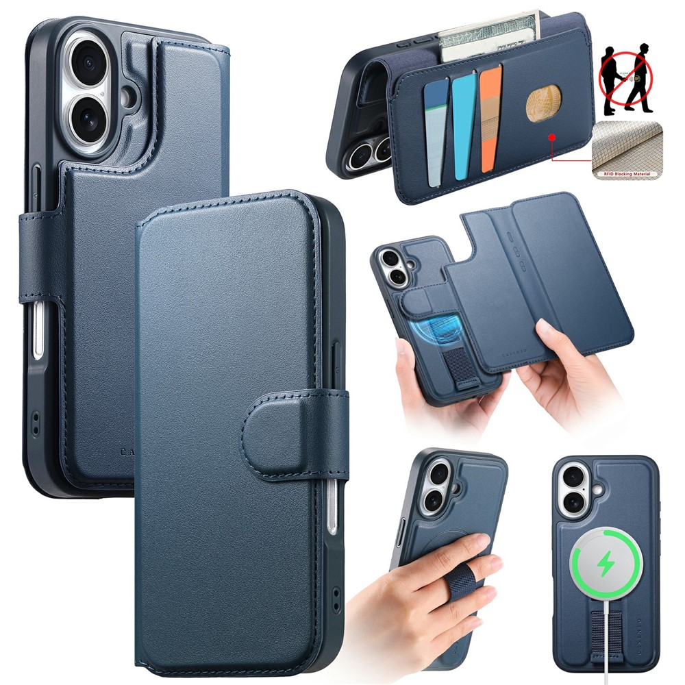 CASENEO For iPhone 16 Plus Magnetic Case RFID Blocking Wallet Detachable Leather Phone Cover with Wristband - Blue
