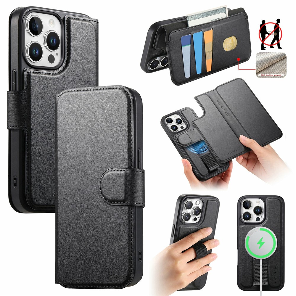 CASENEO For iPhone 15 Pro Max Magnetic Case RFID Blocking Wallet Detachable Leather Phone Cover with Wristband - Black