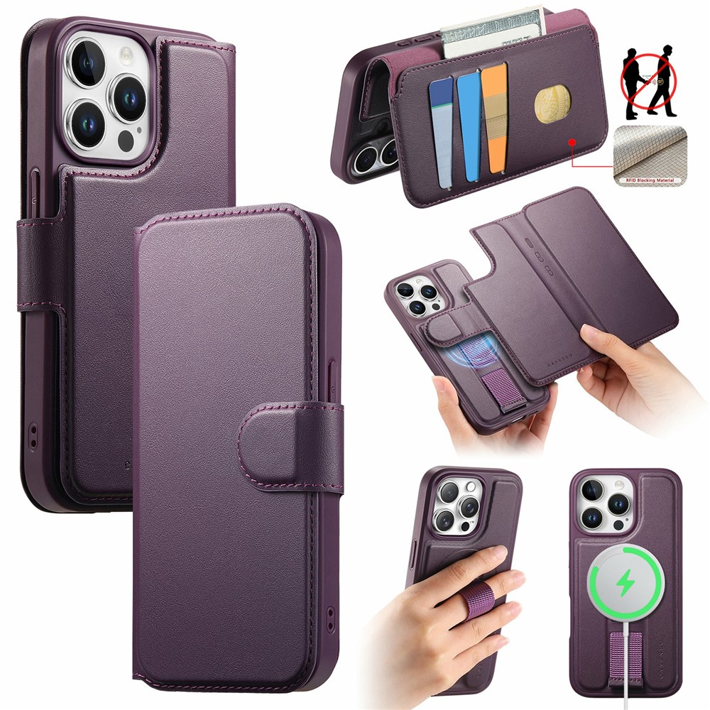 CASENEO For iPhone 15 Pro Max Magnetic Case RFID Blocking Wallet Detachable Leather Phone Cover with Wristband - Purple