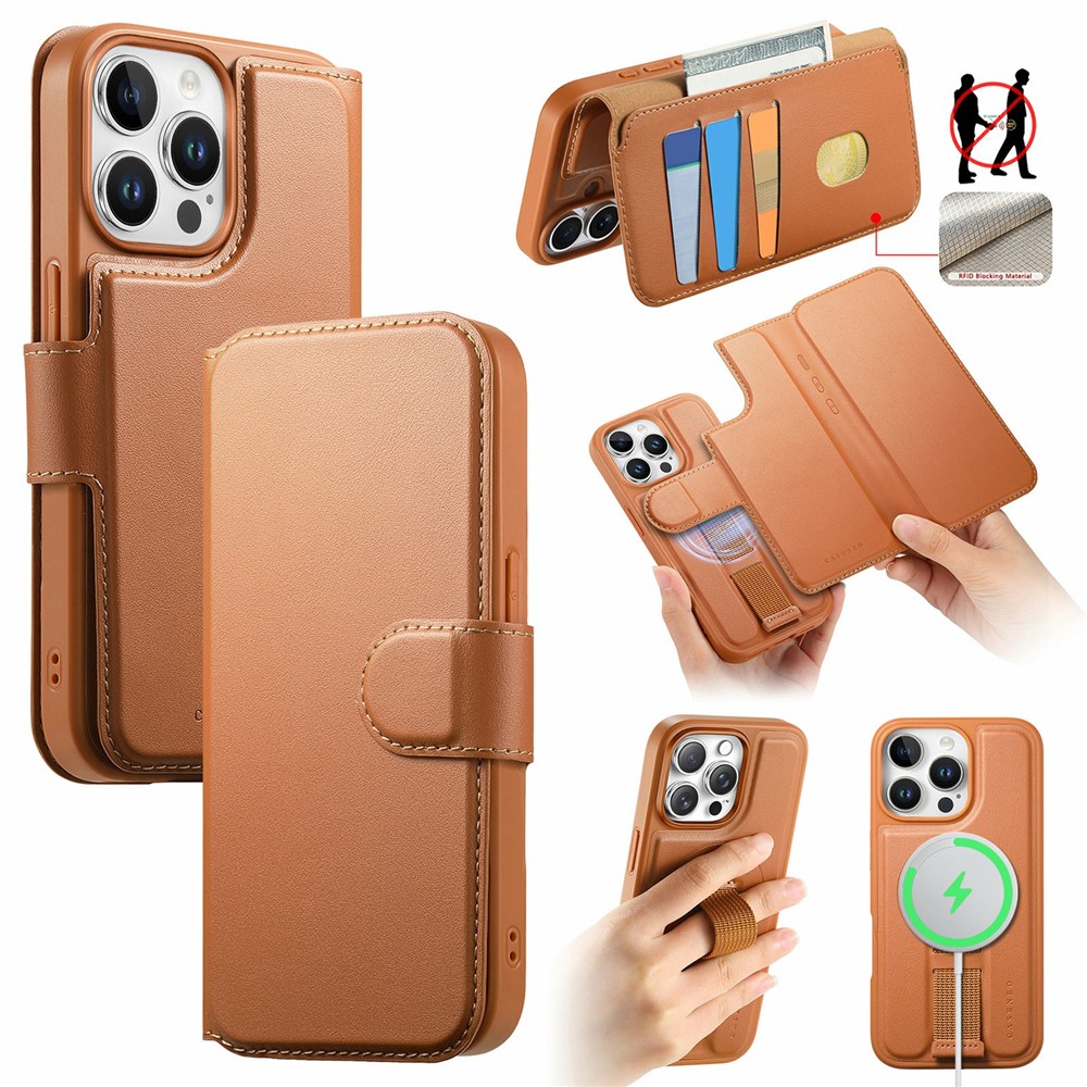 CASENEO For iPhone 15 Pro Magnetic Case RFID Blocking Wallet Detachable Leather Phone Cover with Wristband - Brown