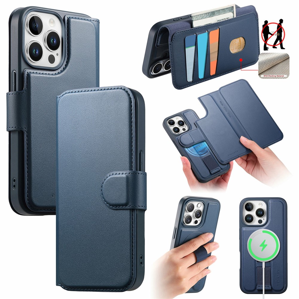 CASENEO For iPhone 15 Pro Magnetic Case RFID Blocking Wallet Detachable Leather Phone Cover with Wristband - Blue
