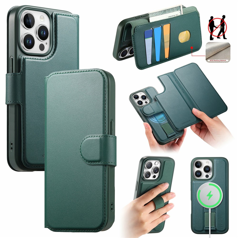 CASENEO For iPhone 14 Pro Max Magnetic Case RFID Blocking Wallet Detachable Leather Phone Cover with Wristband - Green