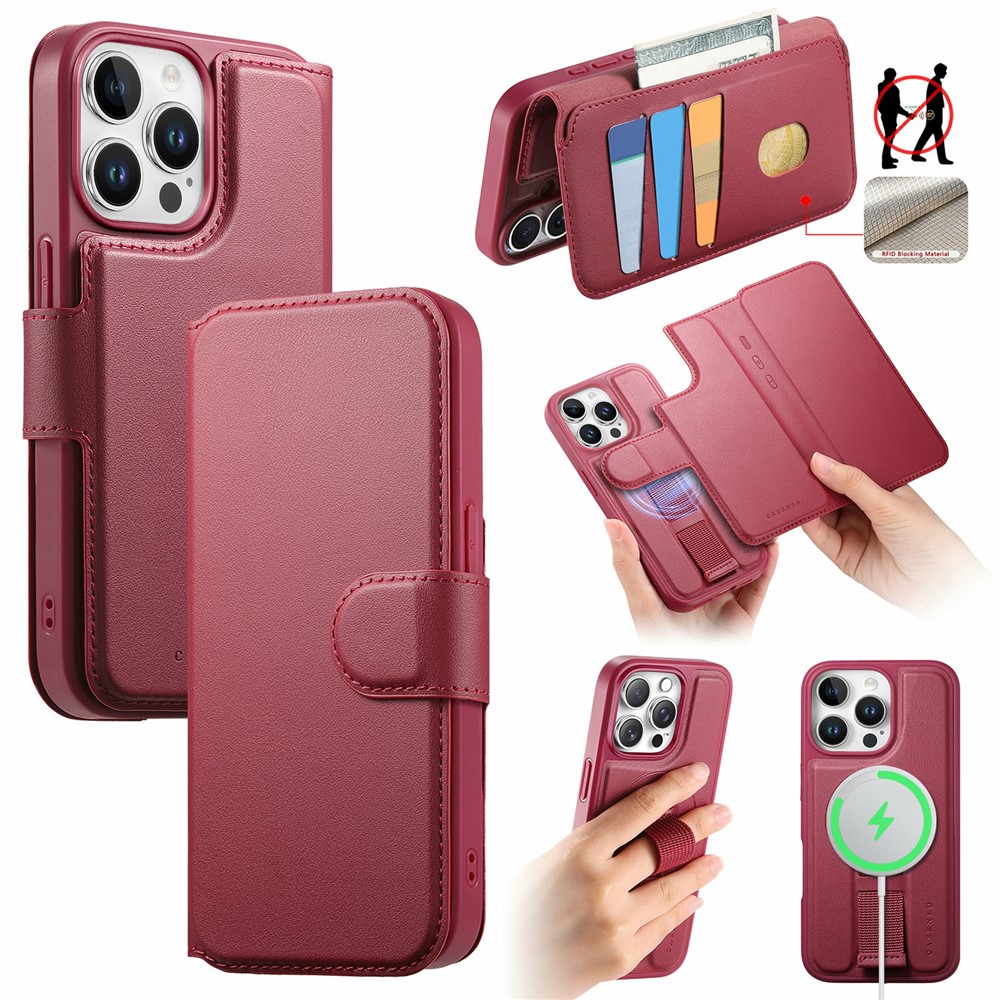 CASENEO For iPhone 14 Pro Magnetic Case RFID Blocking Wallet Detachable Leather Phone Cover with Wristband - Red