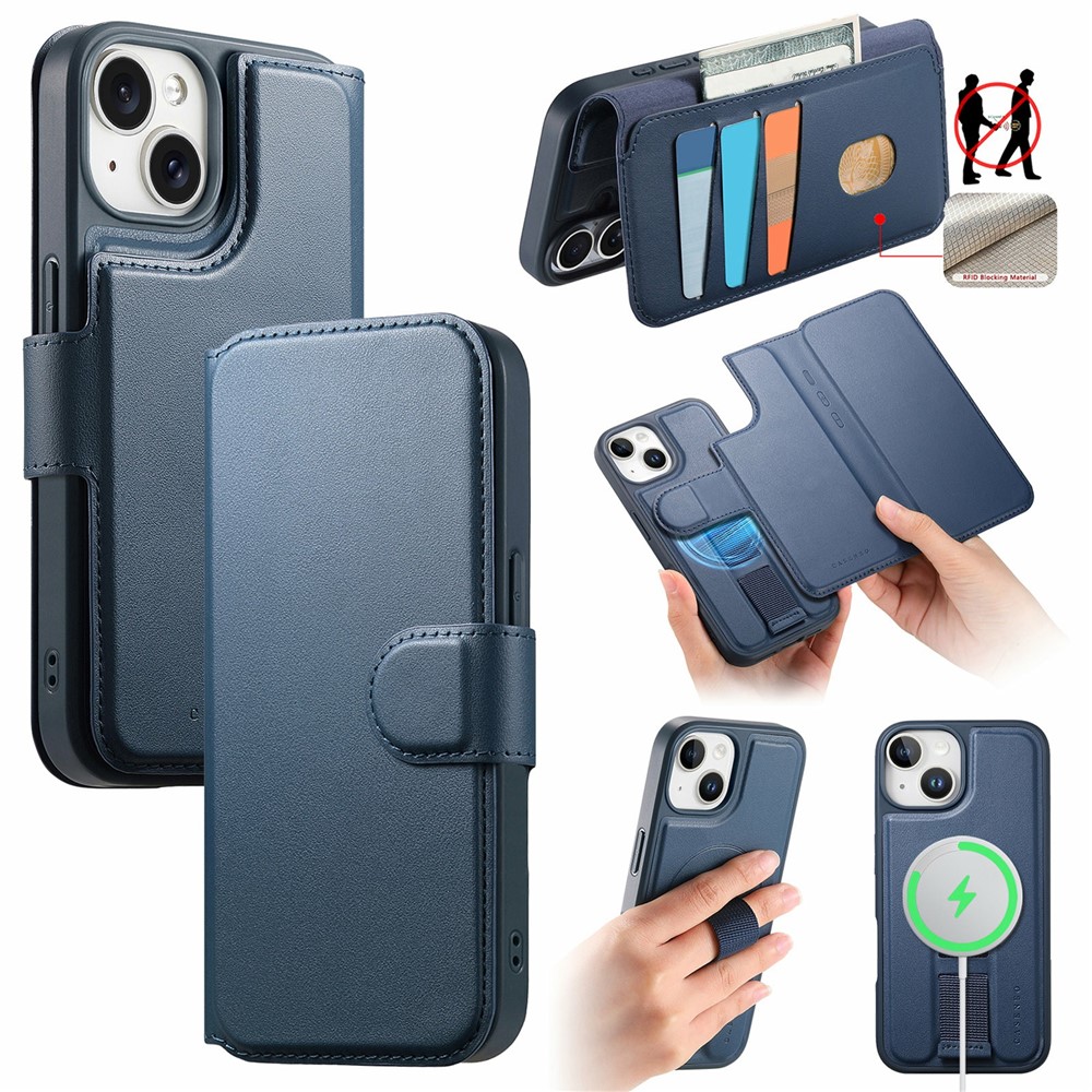 CASENEO For iPhone 14 Magnetic Case RFID Blocking Wallet Detachable Leather Phone Cover with Wristband - Blue