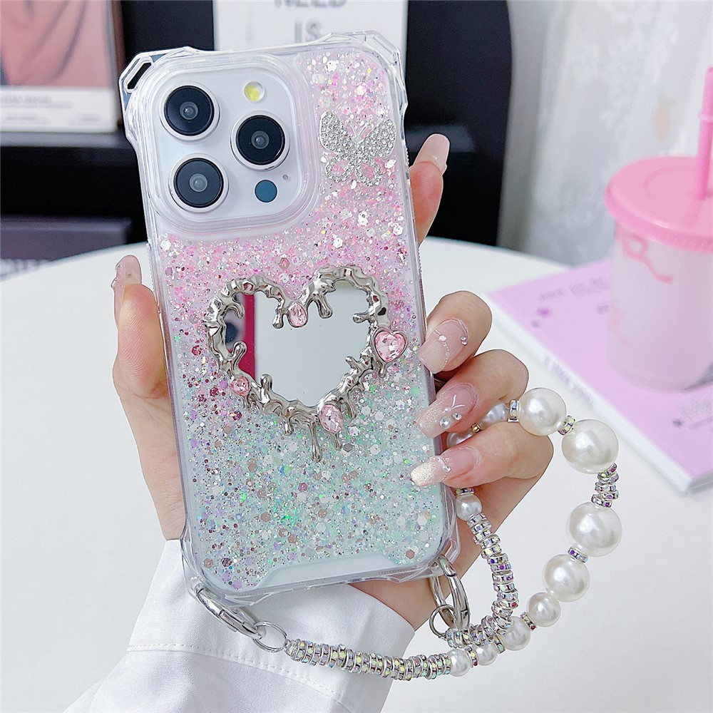 For iPhone 15 Pro Case with Strap, Mirror Epoxy Glitter TPU + Acrylic Phone Back Cover - Pink  /  Green