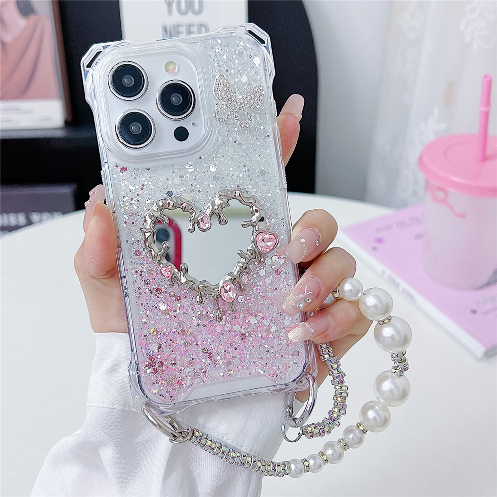 For iPhone 15 Pro Case with Strap, Mirror Epoxy Glitter TPU + Acrylic Phone Back Cover - Pink  /  White