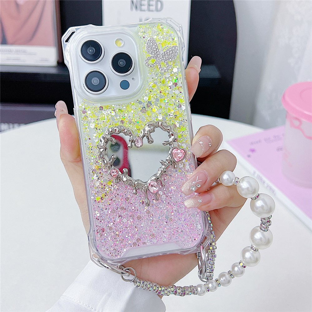 For iPhone 15 Pro Max Case with Strap, Mirror Epoxy Glitter TPU + Acrylic Phone Back Cover - Pink / Yellow