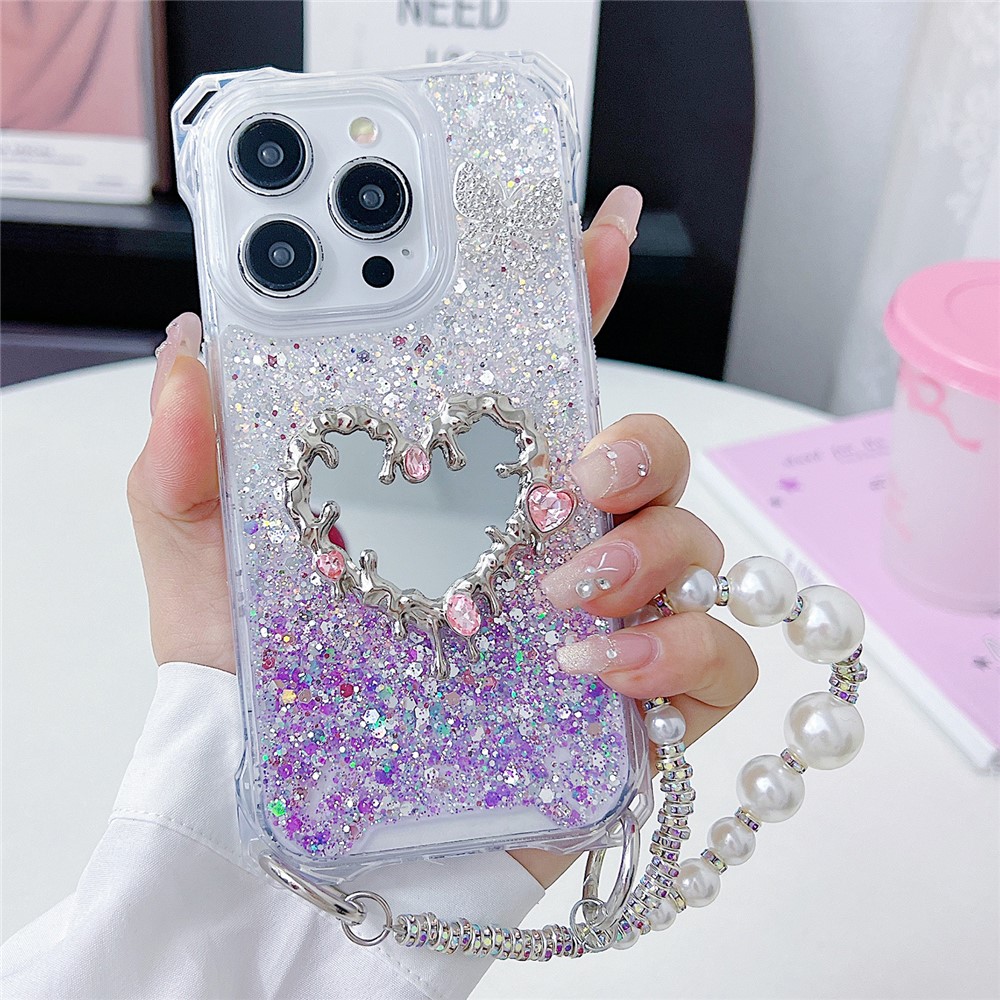 For iPhone 15 Pro Max Case with Strap, Mirror Epoxy Glitter TPU + Acrylic Phone Back Cover - Pink / Purple