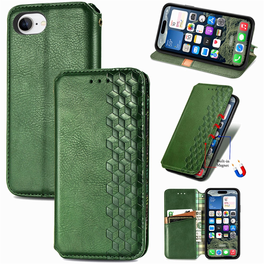 For iPhone 16e Case Rhombus Imprint PU Leather Wallet Phone Cover - Green