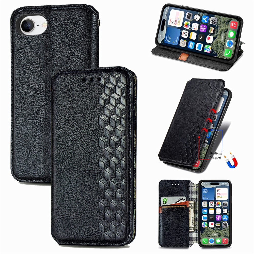 For iPhone 16e Case Rhombus Imprint PU Leather Wallet Phone Cover - Black