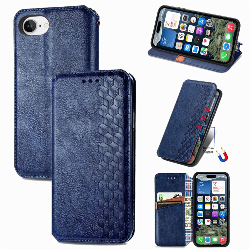 For iPhone 16e Case Rhombus Imprint PU Leather Wallet Phone Cover - Blue