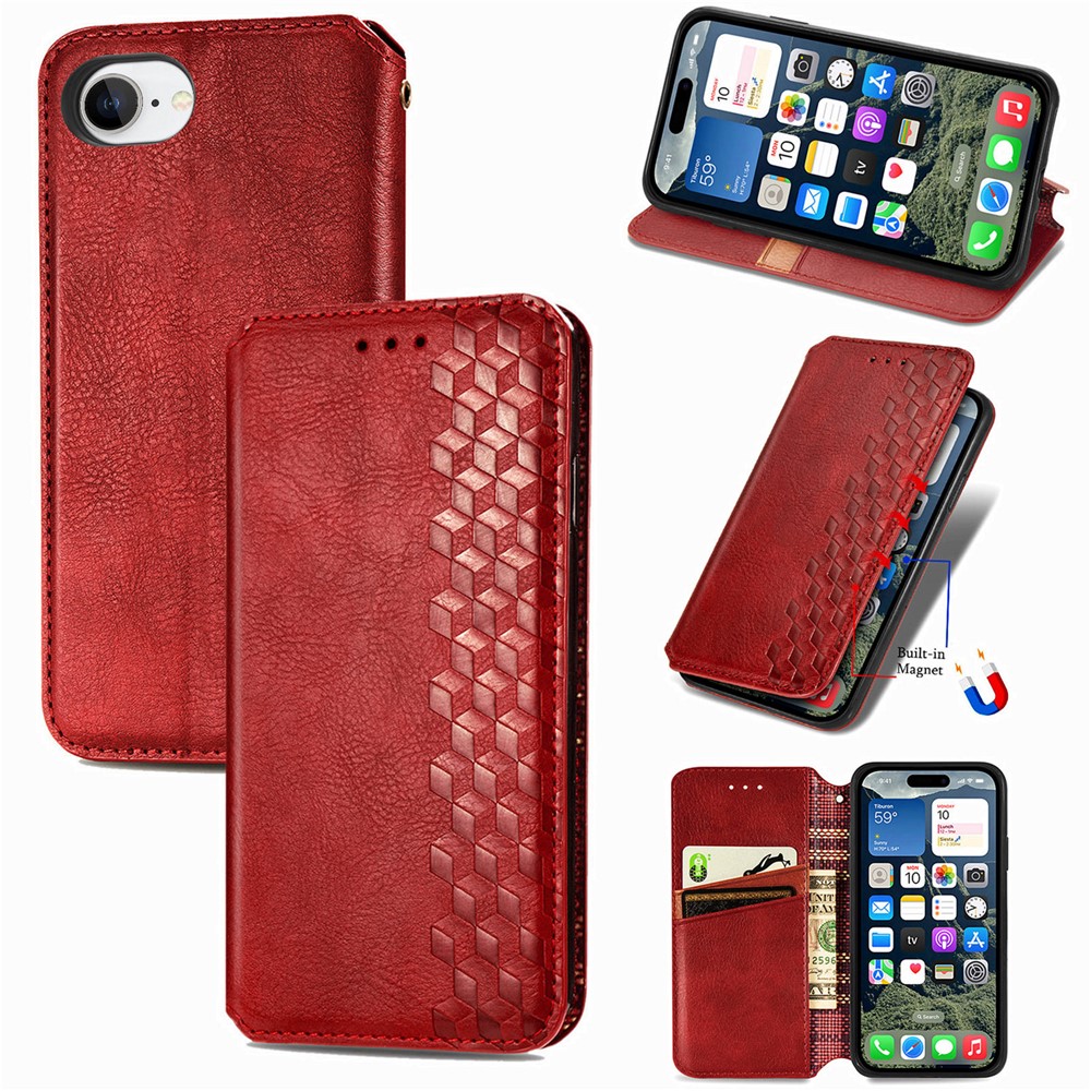 For iPhone 16e Case Rhombus Imprint PU Leather Wallet Phone Cover - Red