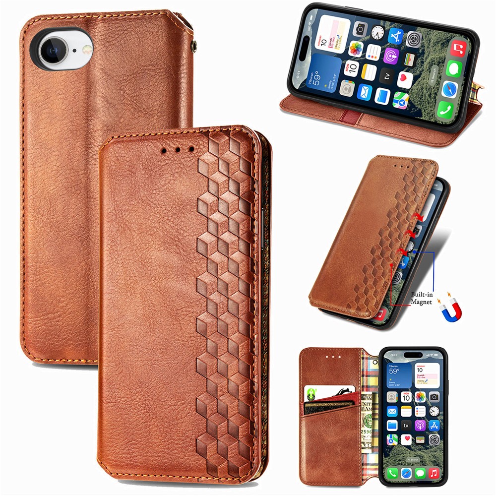 For iPhone 16e Case Rhombus Imprint PU Leather Wallet Phone Cover - Brown