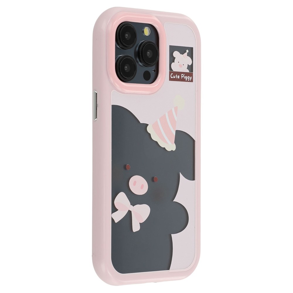For iPhone 15 Pro Max Case Pattern Printing TPU + Acrylic Phone Back Cover Large Lens Cutout - Pink Pig