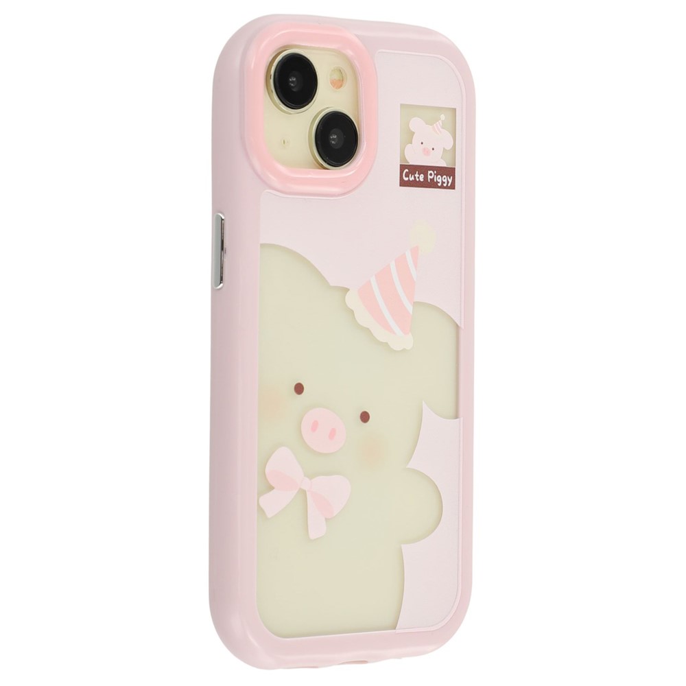 For iPhone 15 Case Pattern Printing TPU + Acrylic Phone Back Cover Large Lens Cutout - Pink Pig