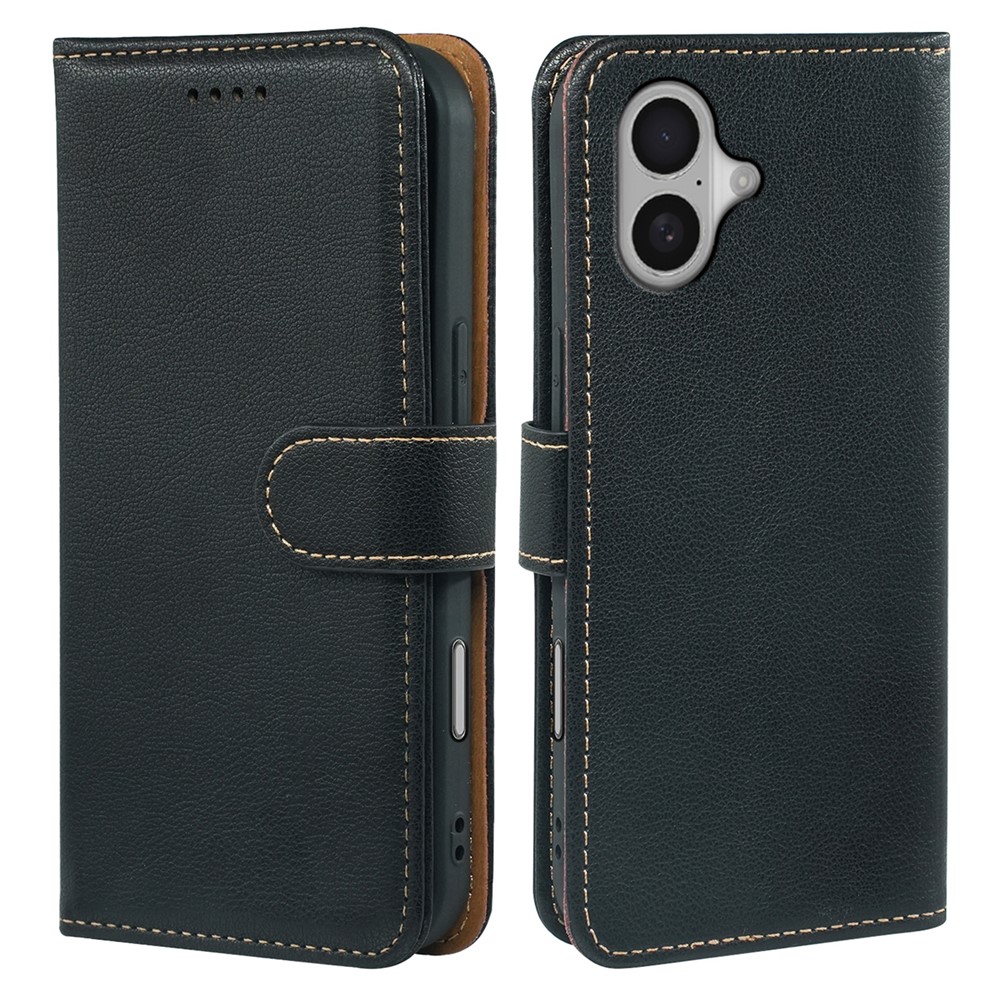 For iPhone 16 Plus Case RFID Blocking Wallet Litchi Texture Leather Phone Cover Magnetic Clasp - Black