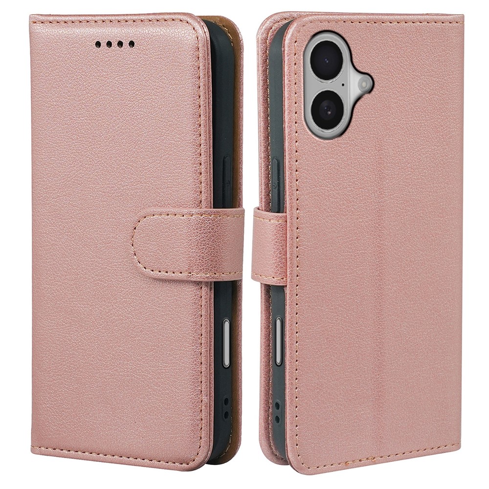 For iPhone 16 Plus Case RFID Blocking Wallet Litchi Texture Leather Phone Cover Magnetic Clasp - Rose Gold