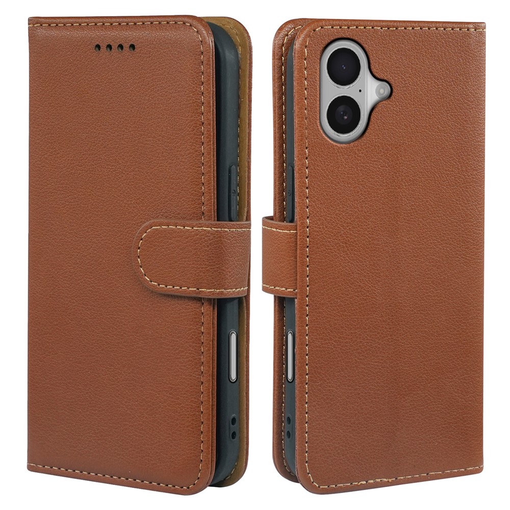 For iPhone 16 Plus Case RFID Blocking Wallet Litchi Texture Leather Phone Cover Magnetic Clasp - Brown