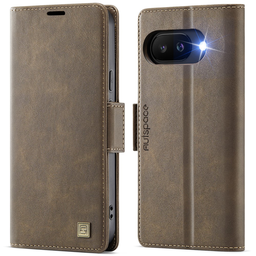 For Google Pixel 9a Case AUTSPACE A11 RFID Blocking Retro Leather Cell Phone Wallet Cover - Brown
