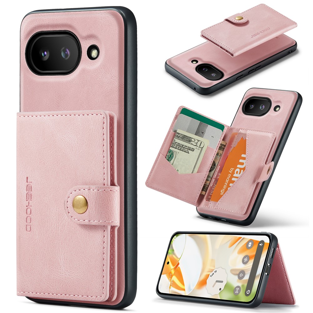 For Google Pixel 9a Case JEEHOOD J01 Retro Leather Phone Back Cover with Detachable Magnetic Card Holder - Pink