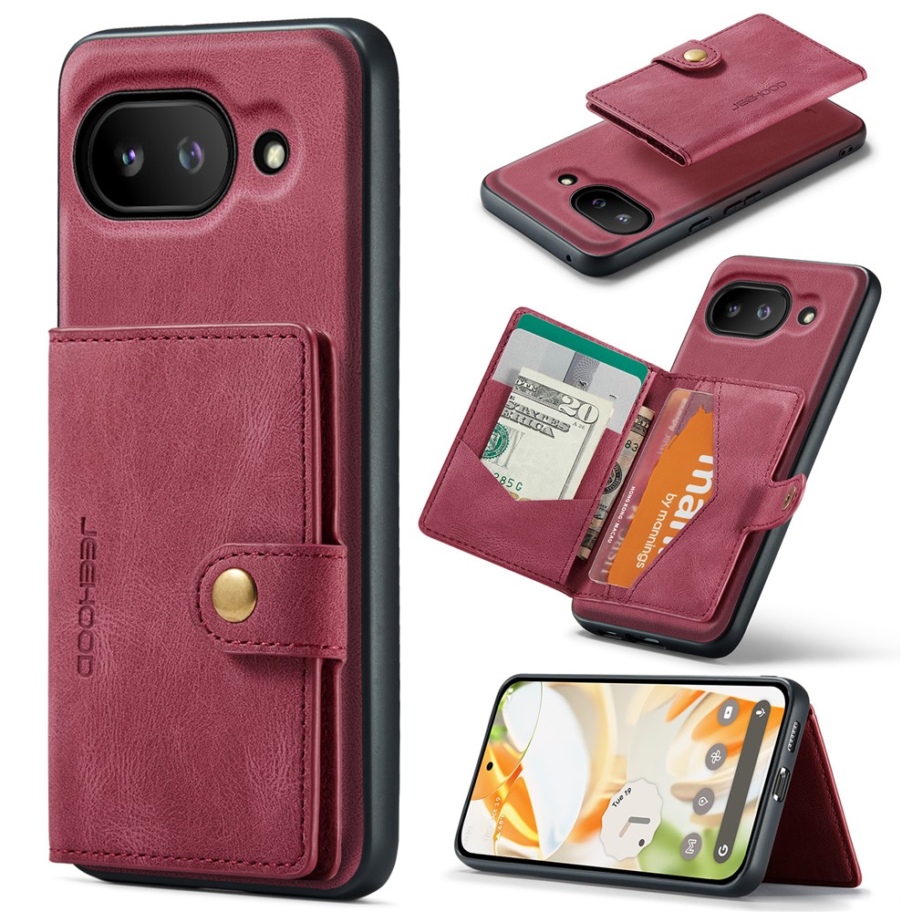 For Google Pixel 9a Case JEEHOOD J01 Retro Leather Phone Back Cover with Detachable Magnetic Card Holder - Red