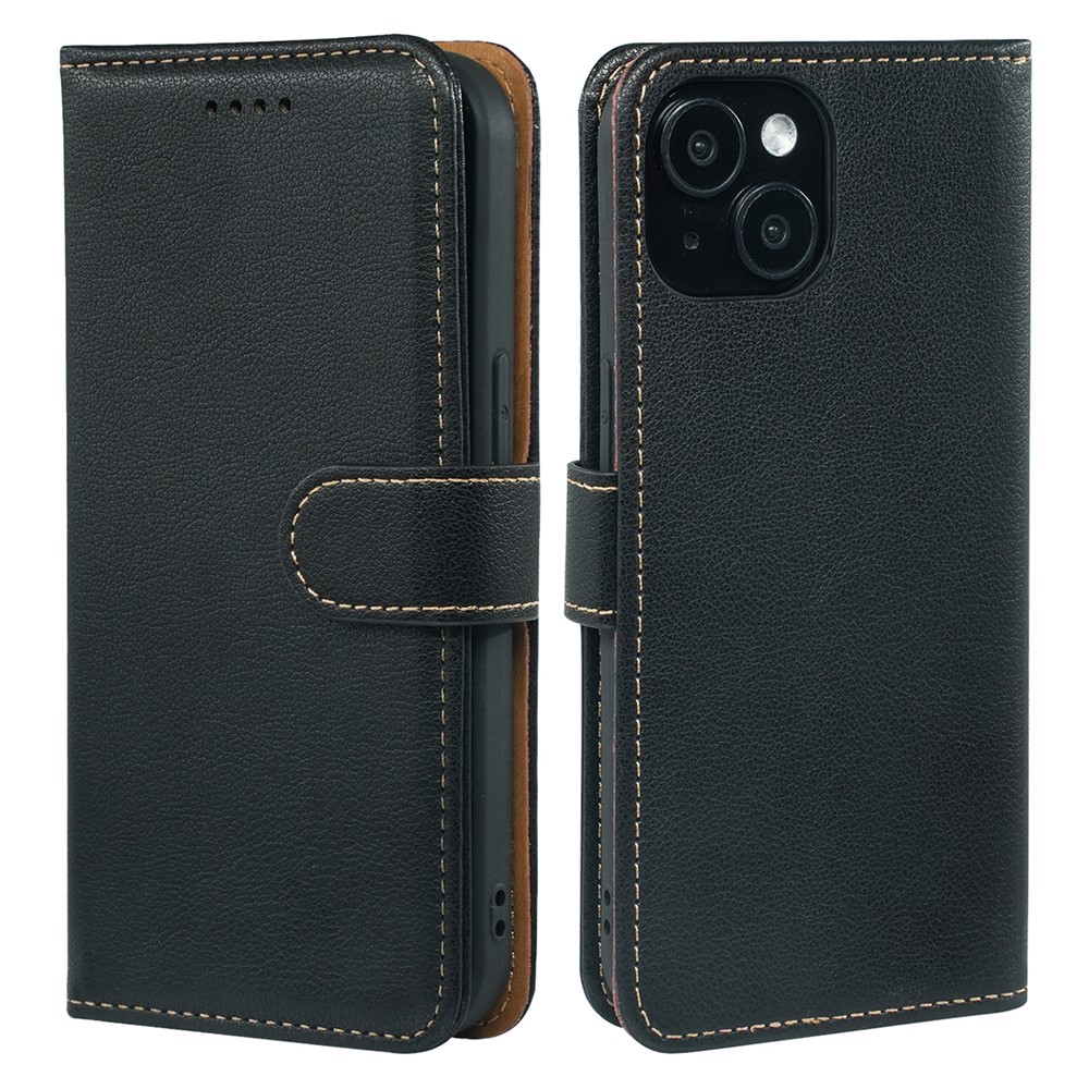 For iPhone 14 Case RFID Blocking Wallet Litchi Texture Leather Phone Cover Magnetic Clasp - Black