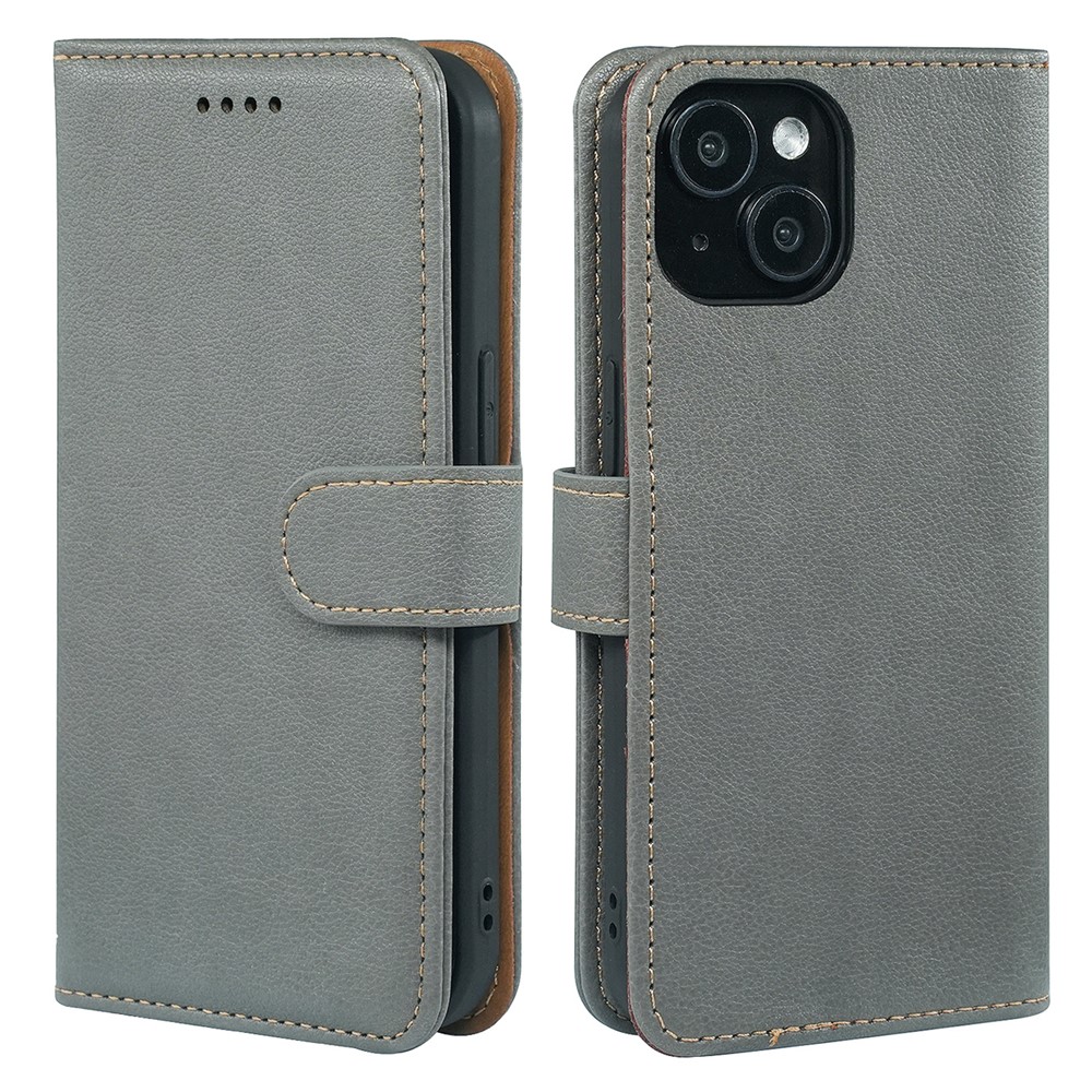 For iPhone 14 Case RFID Blocking Wallet Litchi Texture Leather Phone Cover Magnetic Clasp - Grey