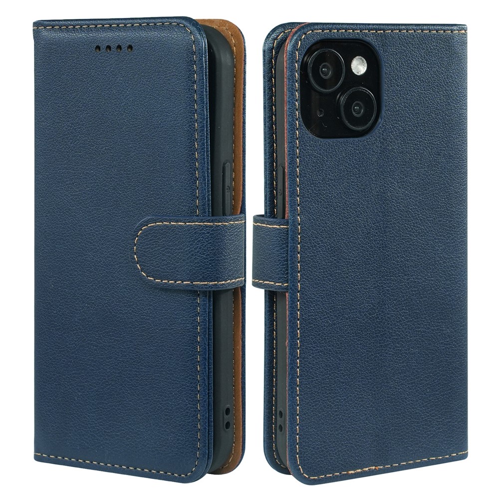 For iPhone 14 Case RFID Blocking Wallet Litchi Texture Leather Phone Cover Magnetic Clasp - Blue