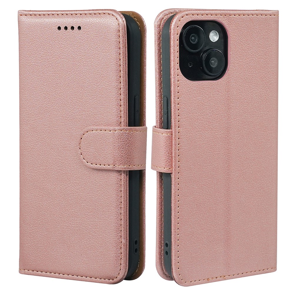 For iPhone 14 Case RFID Blocking Wallet Litchi Texture Leather Phone Cover Magnetic Clasp - Rose Gold