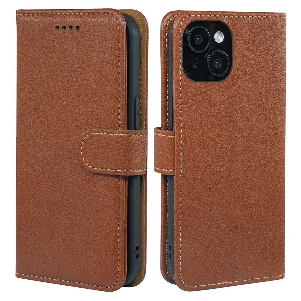 For iPhone 14 Case RFID Blocking Wallet Litchi Texture Leather Phone Cover Magnetic Clasp - Brown