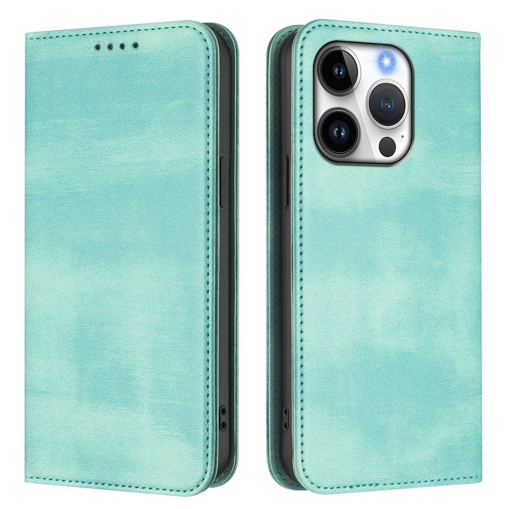 For iPhone 16 Pro Wallet Cases Retro Texture RFID Blocking Leather Phone Cover - Mint Green