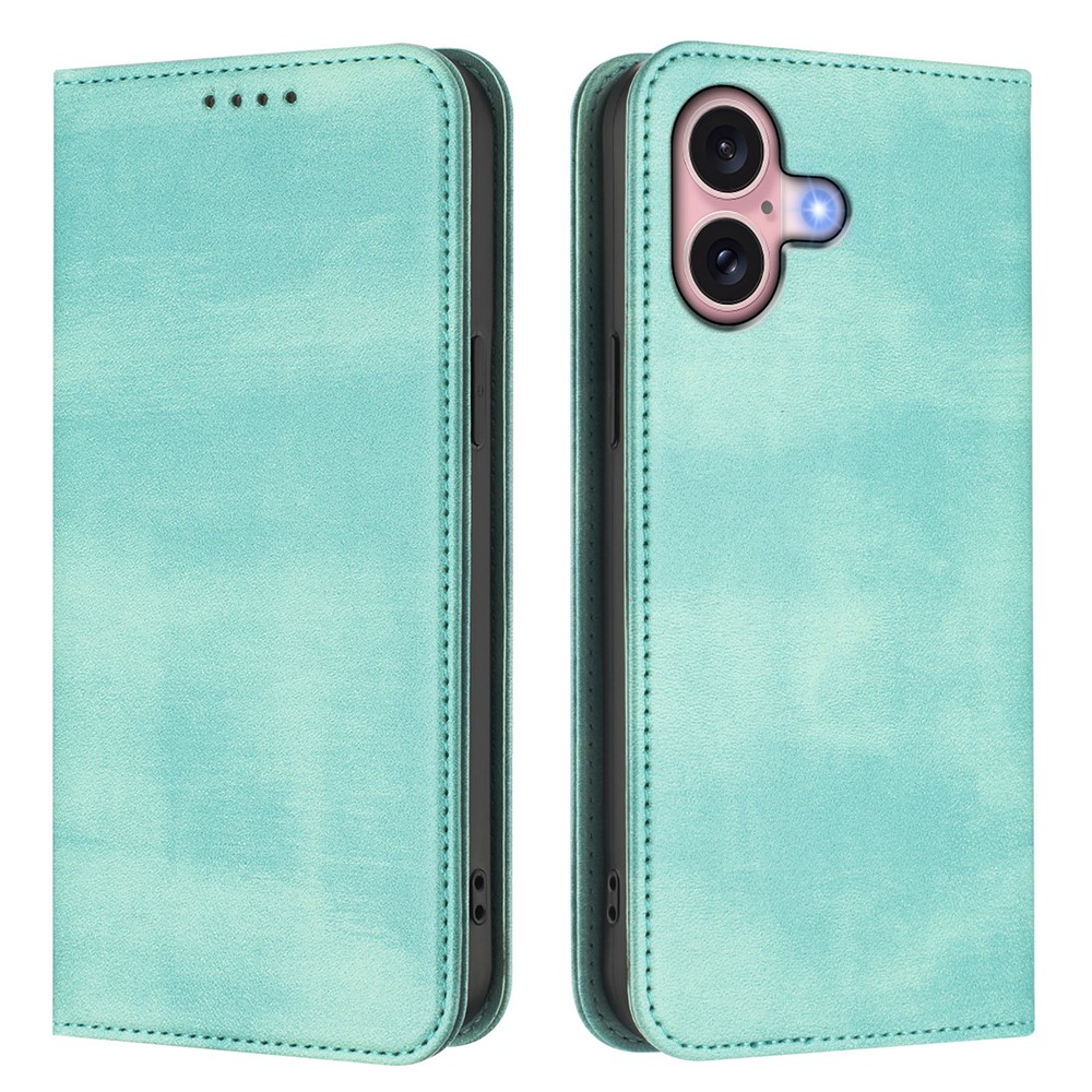 For iPhone 16 Wallet Cases Retro Texture RFID Blocking Leather Phone Cover - Mint Green