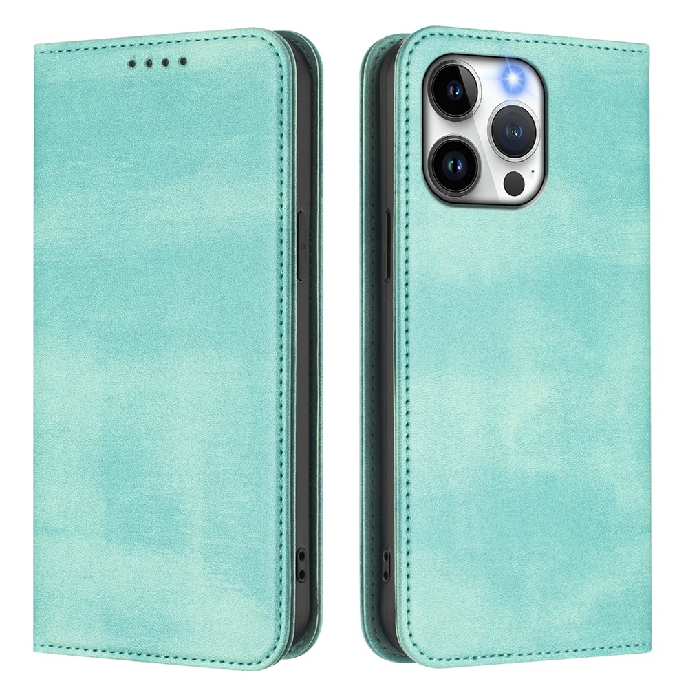 For iPhone 15 Pro Max Wallet Cases Retro Texture RFID Blocking Leather Phone Cover - Mint Green