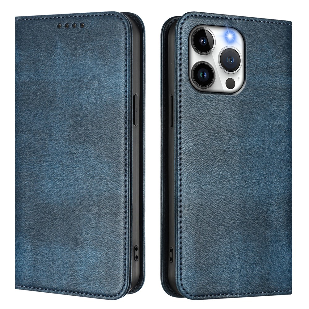 For iPhone 15 Pro Max Wallet Cases Retro Texture RFID Blocking Leather Phone Cover - Blue