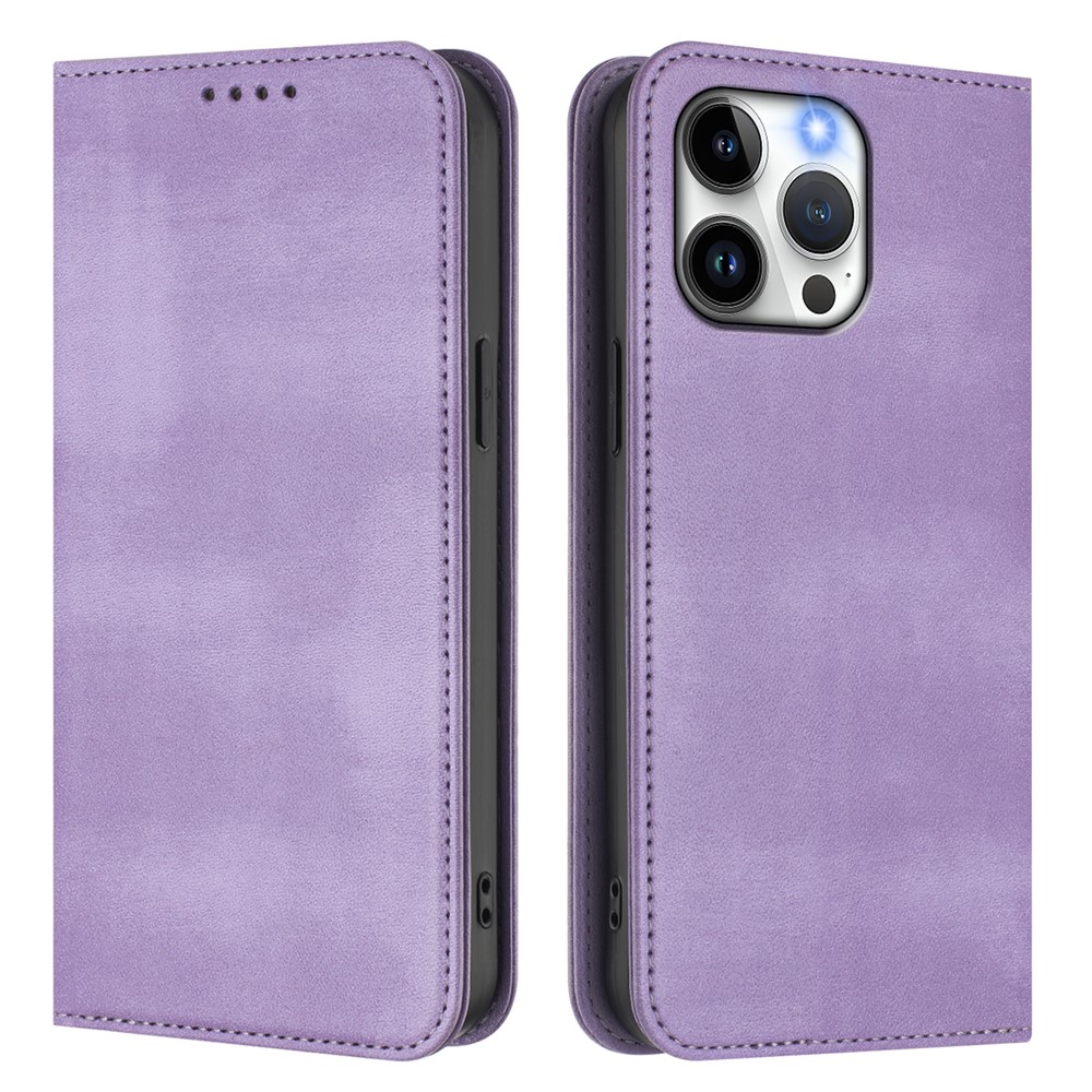 For iPhone 15 Pro Max Wallet Cases Retro Texture RFID Blocking Leather Phone Cover - Light Purple