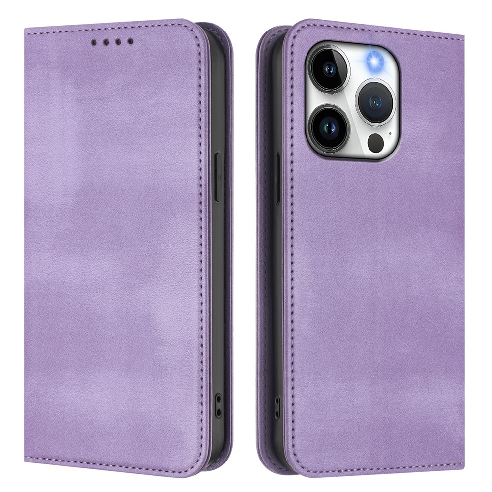 For iPhone 15 Pro Wallet Cases Retro Texture RFID Blocking Leather Phone Cover - Light Purple