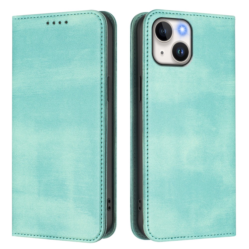 For iPhone 15 Wallet Cases Retro Texture RFID Blocking Leather Phone Cover - Mint Green