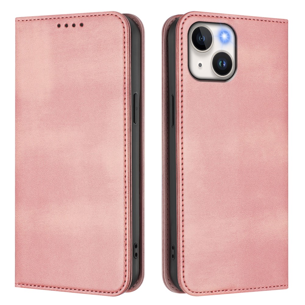 For iPhone 15 Wallet Cases Retro Texture RFID Blocking Leather Phone Cover - Pink