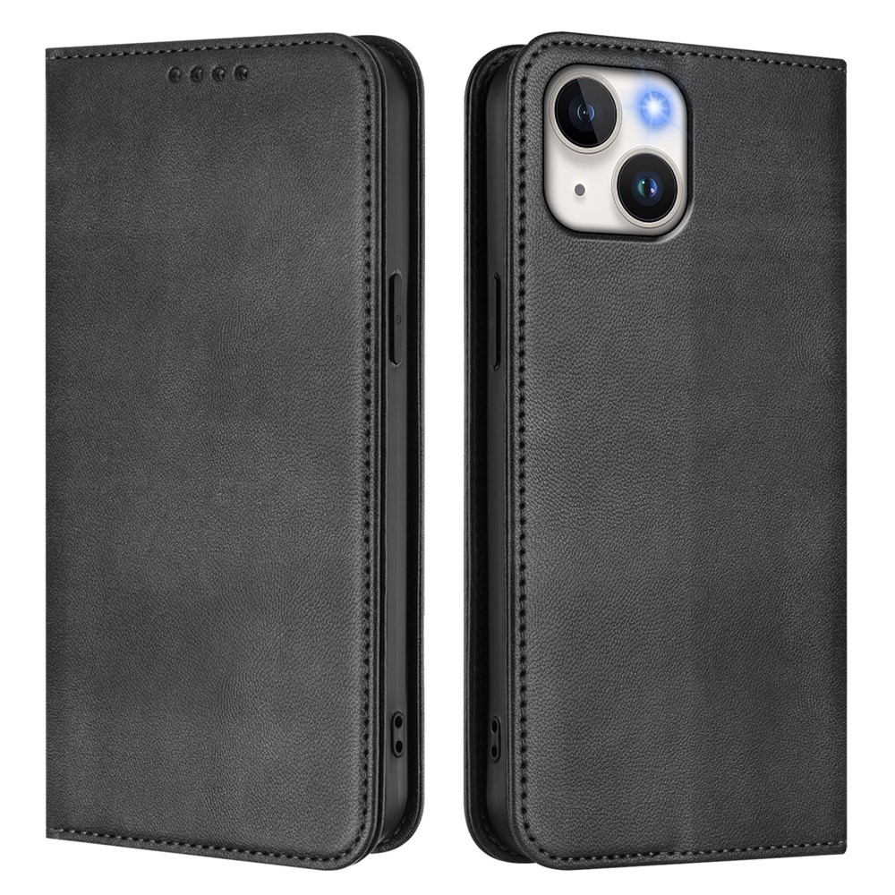 For iPhone 15 Wallet Cases Retro Texture RFID Blocking Leather Phone Cover - Black