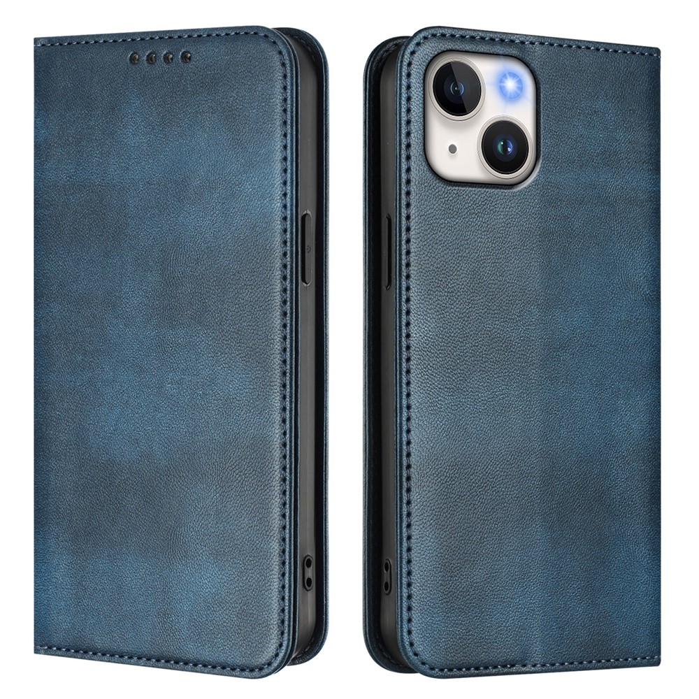 For iPhone 15 Wallet Cases Retro Texture RFID Blocking Leather Phone Cover - Blue