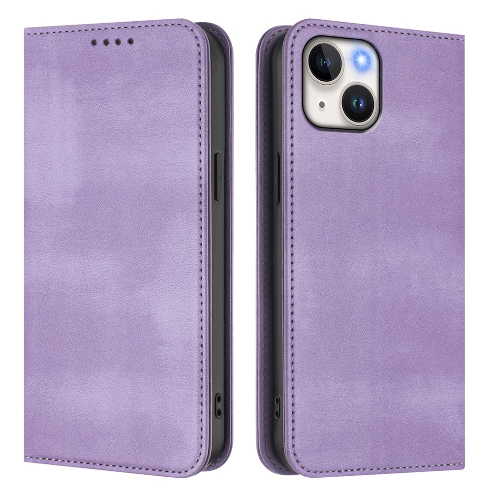 For iPhone 15 Wallet Cases Retro Texture RFID Blocking Leather Phone Cover - Light Purple