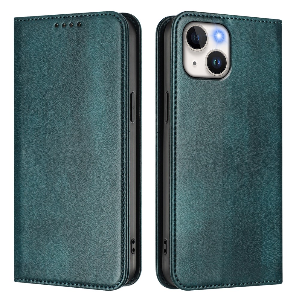 For iPhone 15 Wallet Cases Retro Texture RFID Blocking Leather Phone Cover - Dark Green