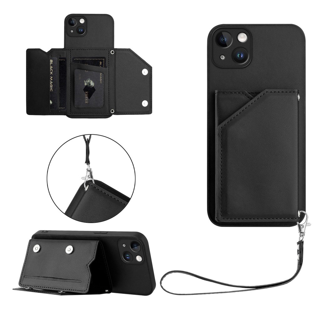 For iPhone 15 Plus Case Card Holder Kickstand Skin-Touch Phone Cover with Wrist Strap - Black