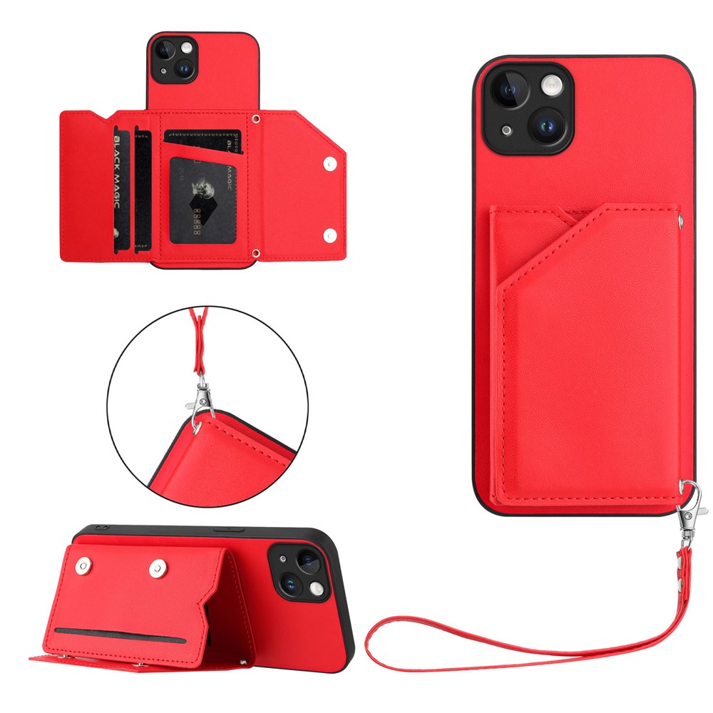 For iPhone 15 Plus Case Card Holder Kickstand Skin-Touch Phone Cover with Wrist Strap - Red
