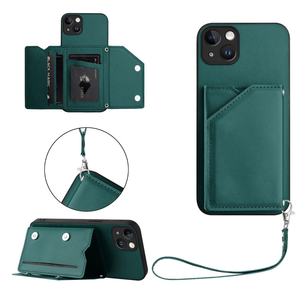 For iPhone 15 Plus Case Card Holder Kickstand Skin-Touch Phone Cover with Wrist Strap - Green